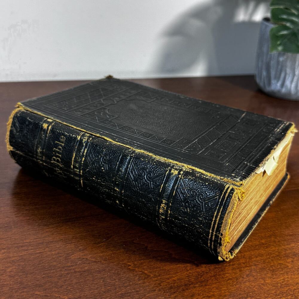 Antique 1887 Holy Bible American Bible Society Black Embossed Leather KJV